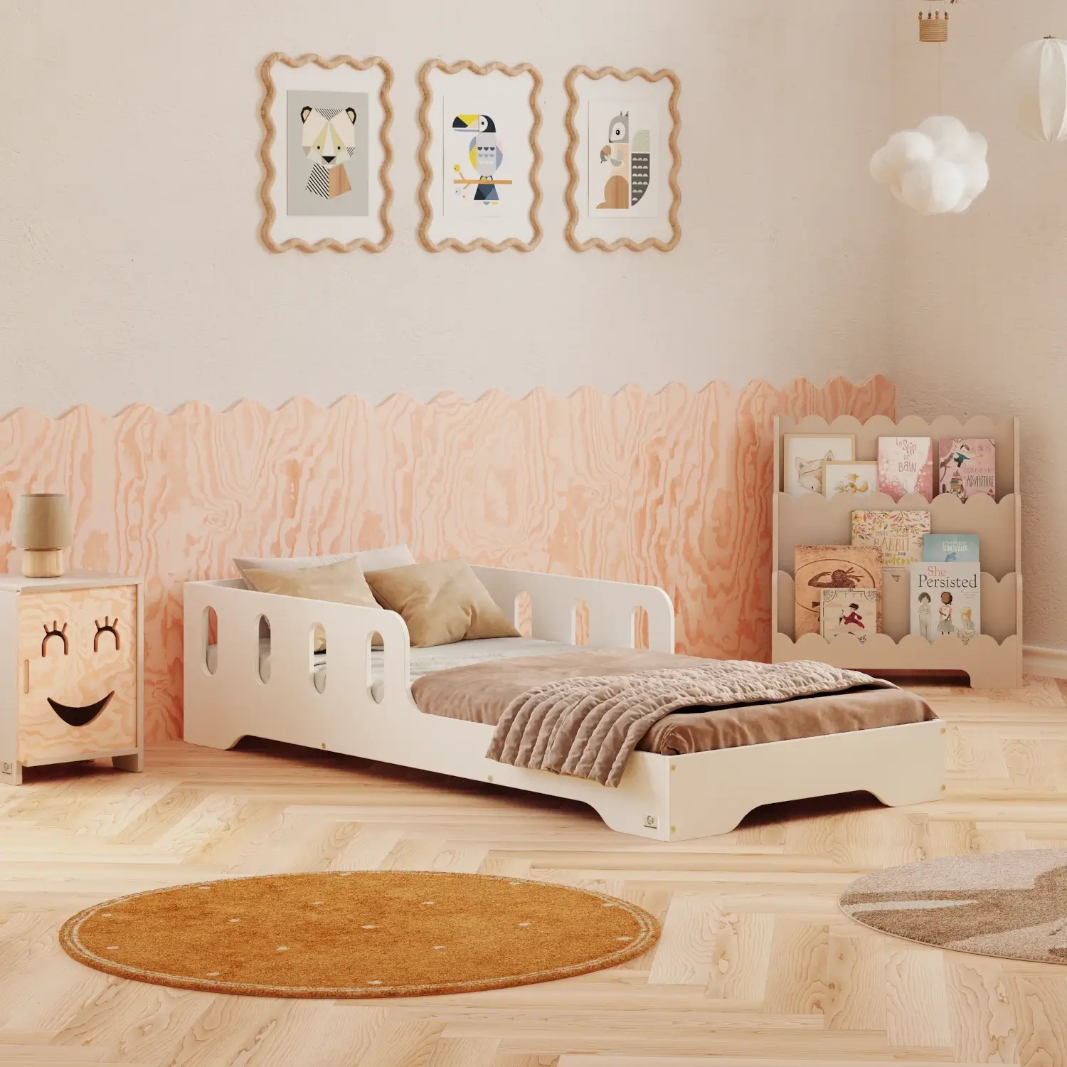 Łóżko pojedyncze dla dzieci z barierką i stelażem TILA 6 Montessori Drewniane